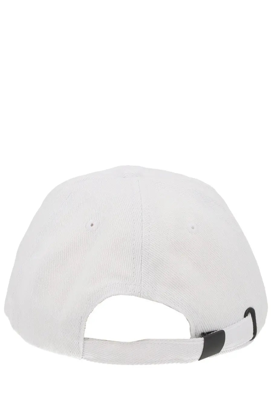 Versace jeans couture men’s white baseball cap with fabric strap and black plastic adjustment buckle shown from the back