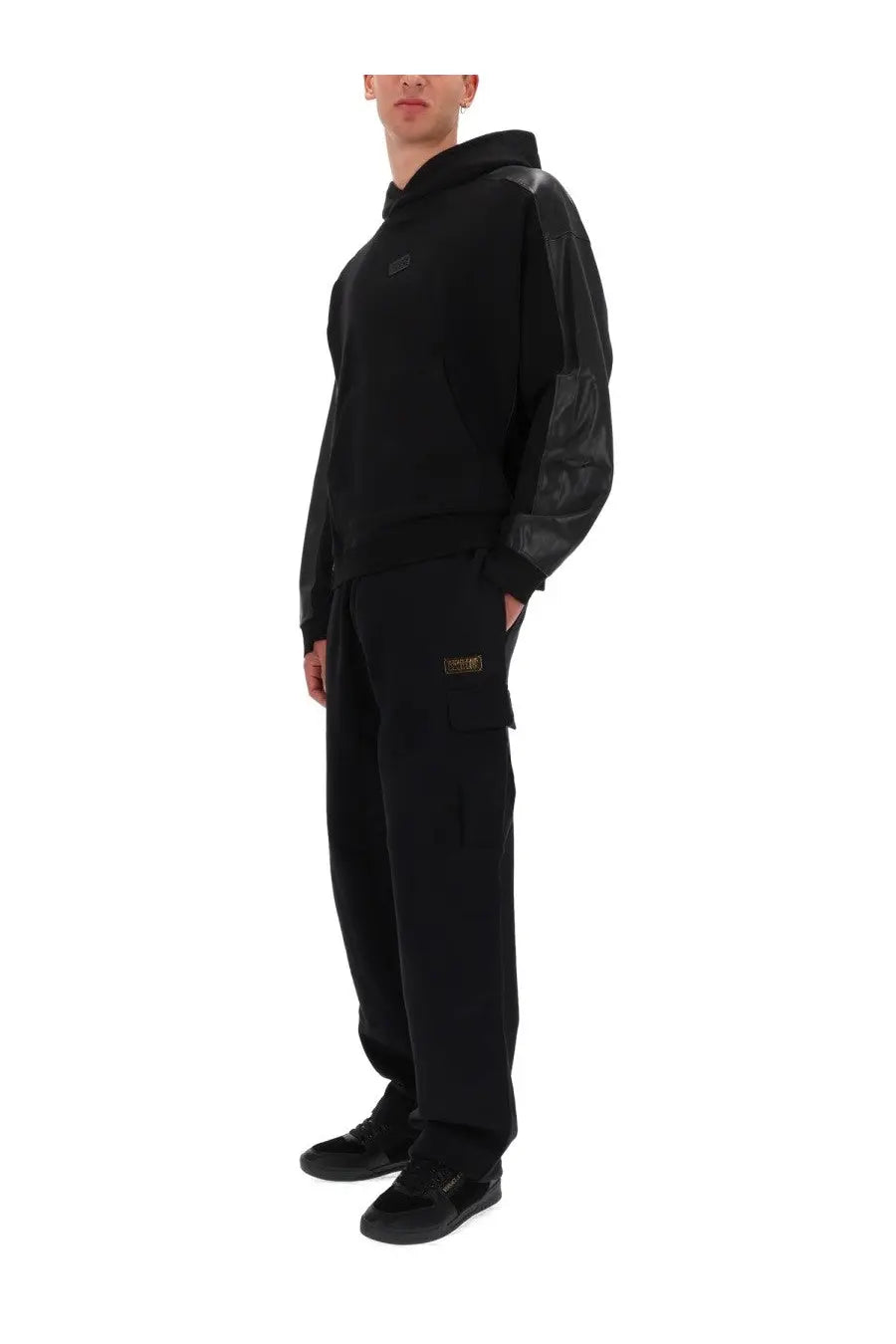 Versace jeans couture black men’s hoodie with glossy leather sleeves and small embroidered logo on chest