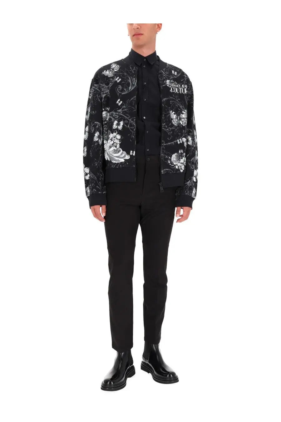Versace Jeans Couture men’s black cotton fleece bomber jacket with intricate white floral and skull patterns and logo on chest
