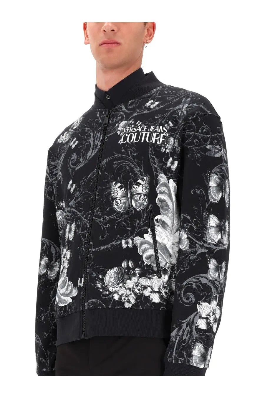 Versace jeans couture men’s black cotton fleece bomber jacket with intricate white floral and butterfly print