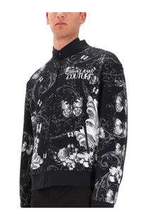 Versace jeans couture men’s black cotton fleece bomber jacket with intricate white floral and butterfly print