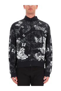 Versace jeans couture men’s black cotton fleece bomber jacket with intricate white floral and butterfly print on front