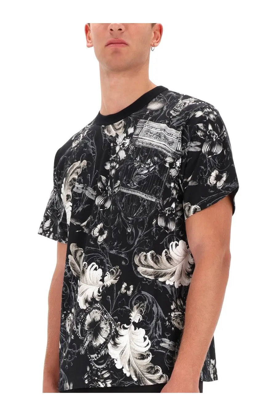 Versace Jeans Couture men’s black cotton t-shirt with white gray baroque floral print and black ribbed crew neckline