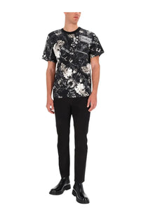 Versace jeans couture men’s black cotton t-shirt with white and gray floral pattern and short sleeves