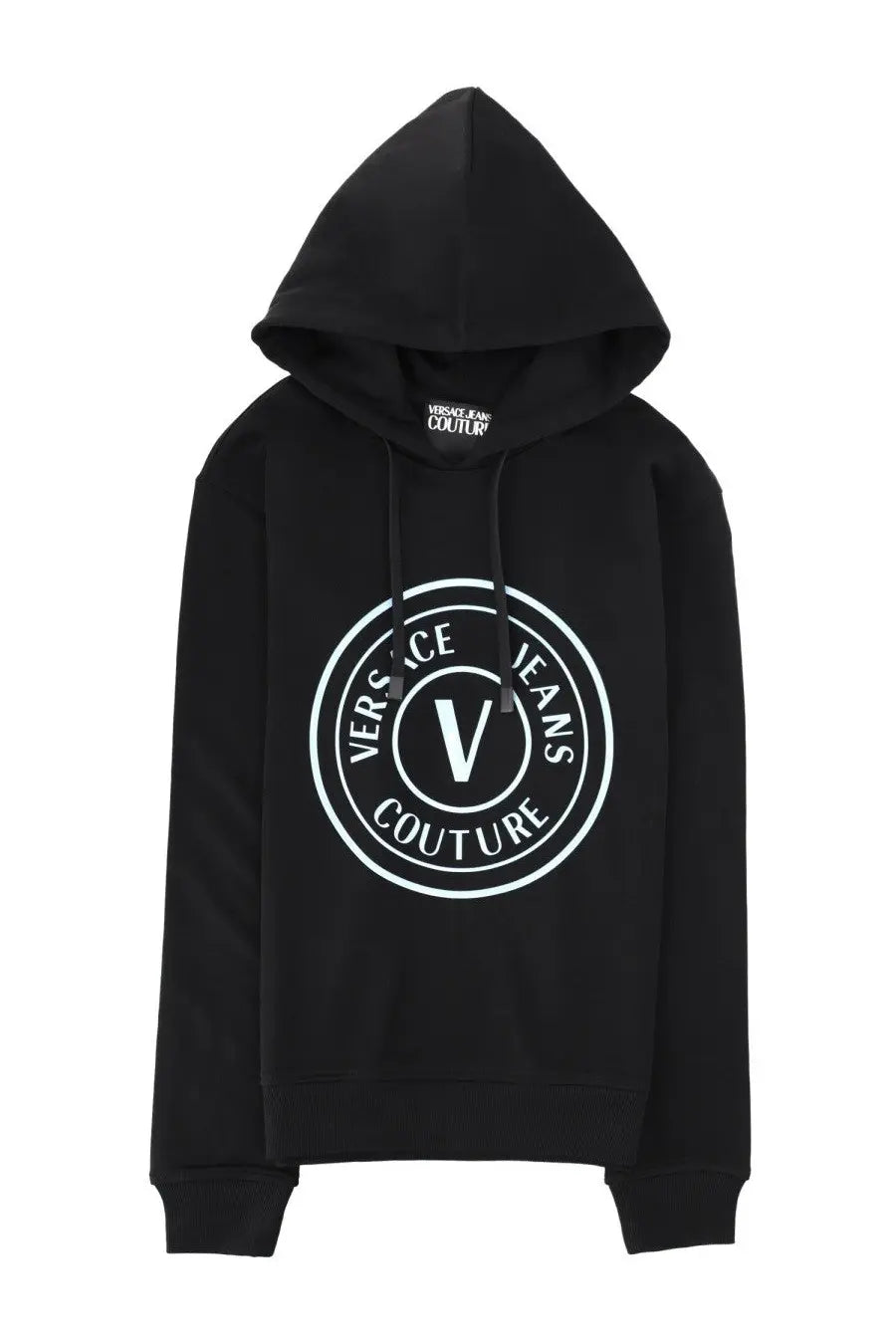 Versace jeans couture men’s black hoodie with bold white circular logo featuring the brand signature v at center