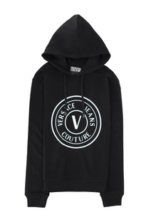 Versace jeans couture men’s black hoodie with bold white circular logo featuring the brand signature v at center