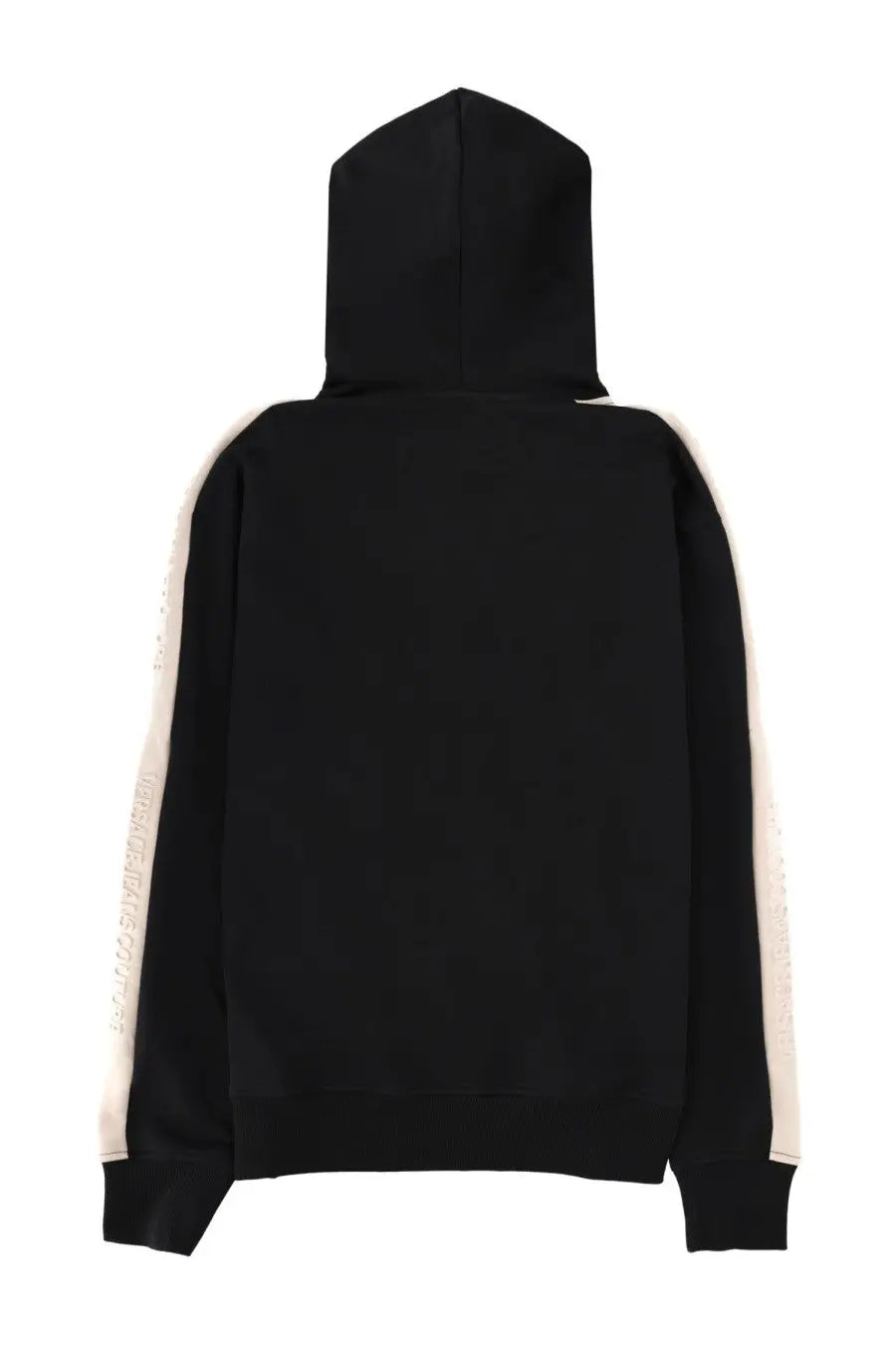 Versace jeans couture men’s black hoodie with cream vertical stripes and subtle embossed logo on the sleeves