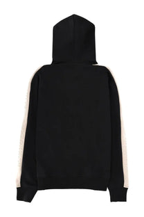 Versace jeans couture men’s black hoodie with cream vertical stripes and subtle embossed logo on the sleeves