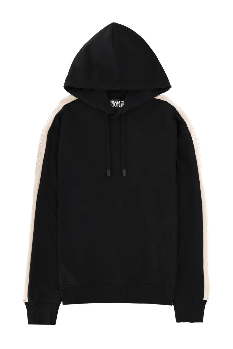 Versace Jeans Couture men’s black hoodie with cream vertical stripes on sleeves in a felpa con cappuccio design
