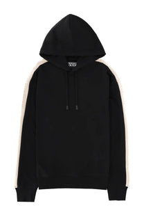 Versace Jeans Couture men’s black hoodie with cream vertical stripes on sleeves in a felpa con cappuccio design