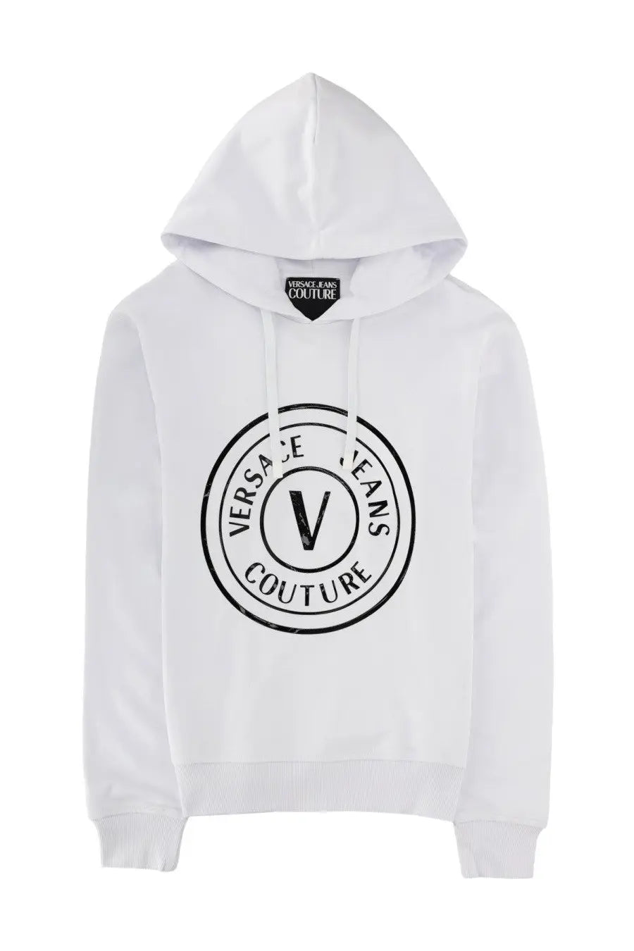 Versace Jeans Couture men’s white felpa con cappuccio hoodie with bold black circular logo and V emblem