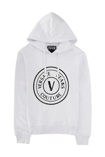 Versace Jeans Couture men’s white felpa con cappuccio hoodie with bold black circular logo and V emblem