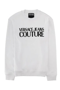 Versace Jeans Couture men’s white felpa con sweatshirt with bold black lettering and matching brand tag at neckline