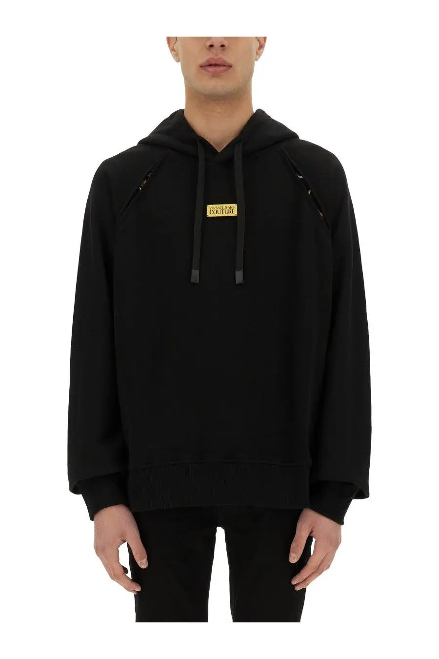 Versace Jeans Couture men’s black hoodie with gold-tone logo patch on chest and matching drawstrings in cotton blend