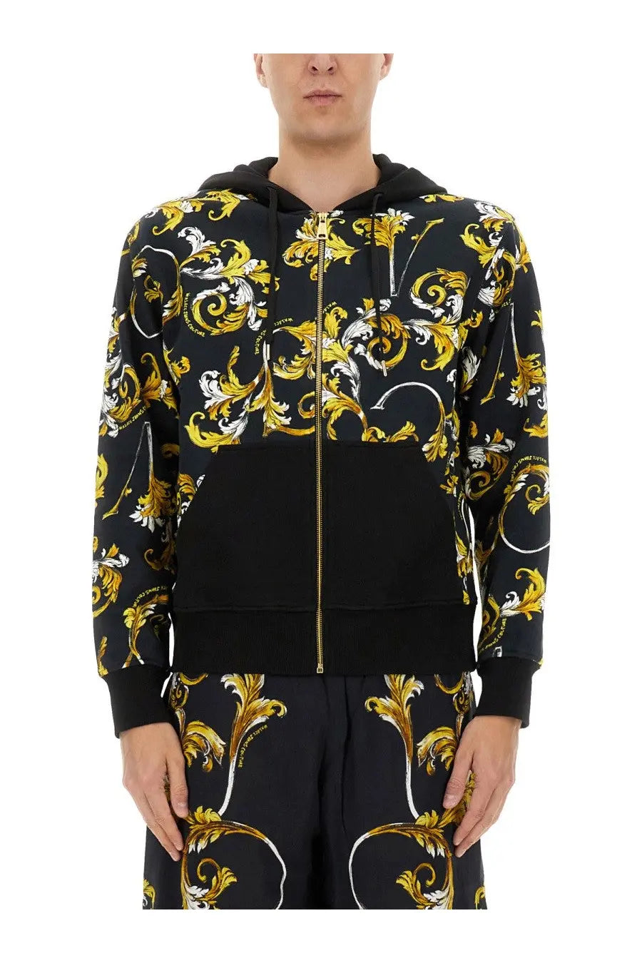 Versace jeans couture men’s black hoodie with gold and white baroque pattern front zipper and matching hood