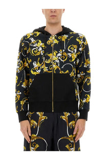 Versace jeans couture men’s black hoodie with gold and white baroque pattern front zipper and matching hood