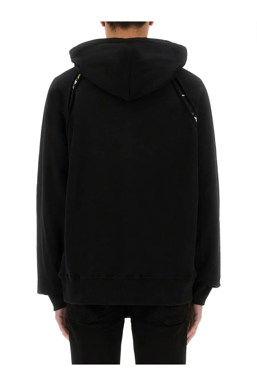 Versace Jeans Couture men’s black hoodie with subtle yellow zipper pulls along the shoulder seams
