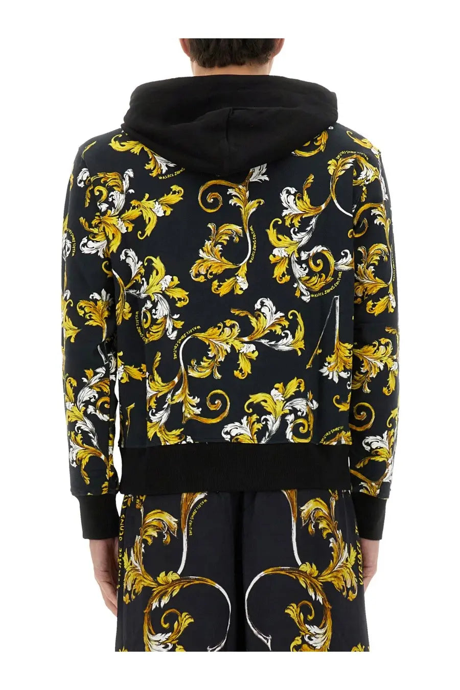 Versace jeans couture men’s black hoodie with ornate gold and white baroque floral pattern and matching hood and cuffs