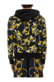 Versace jeans couture men’s black hoodie with ornate gold and white baroque floral pattern and matching hood and cuffs