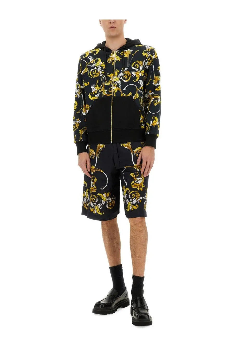 Versace Jeans Couture men’s black hoodie and shorts set with bold gold and white baroque floral patterns