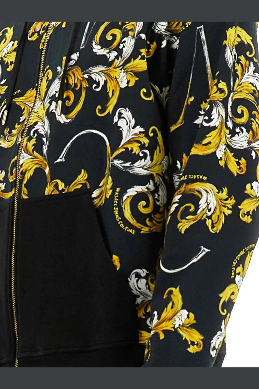 Versace Jeans Couture men’s black zip-up hoodie with gold and white baroque swirls and subtle versace culture text