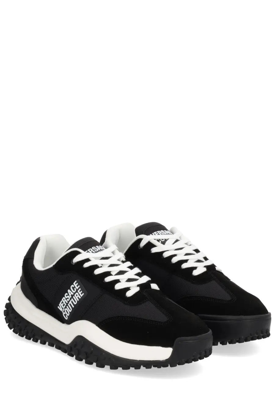 Versace Jeans Couture men’s hyber sneaker in black suede and mesh with white laces midsole and outsole
