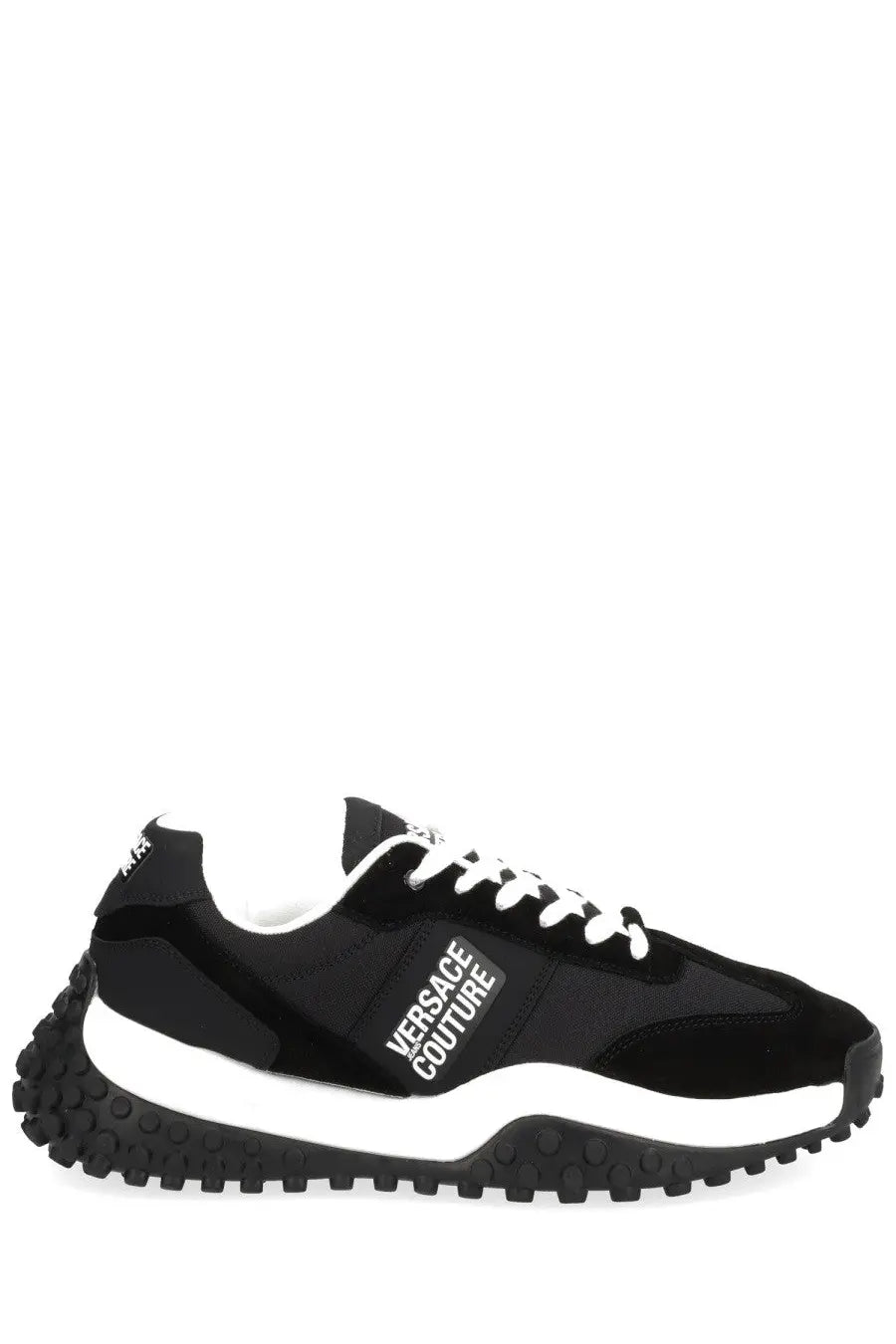 Versace jeans couture men’s hyber sneaker black with white laces and chunky textured sole in black leather