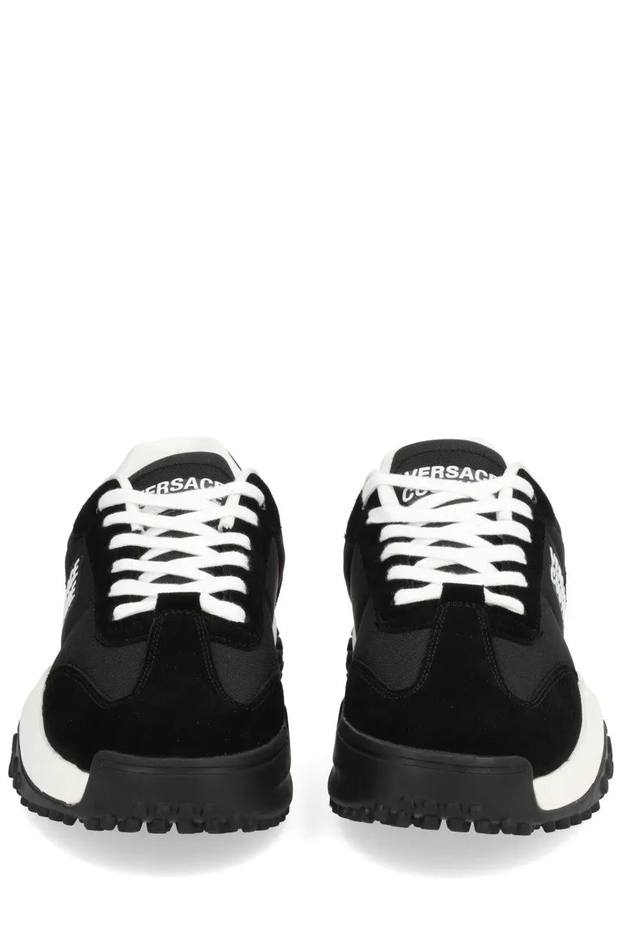 Versace Jeans Couture men’s hyber sneaker black with black and white suede upper chunky rubber sole and bold tongue branding