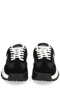 Versace Jeans Couture men’s hyber sneaker black with black and white suede upper chunky rubber sole and bold tongue branding