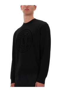 Versace jeans couture men’s black jersey long-sleeved crewneck sweater with raised circular logo and v emblem
