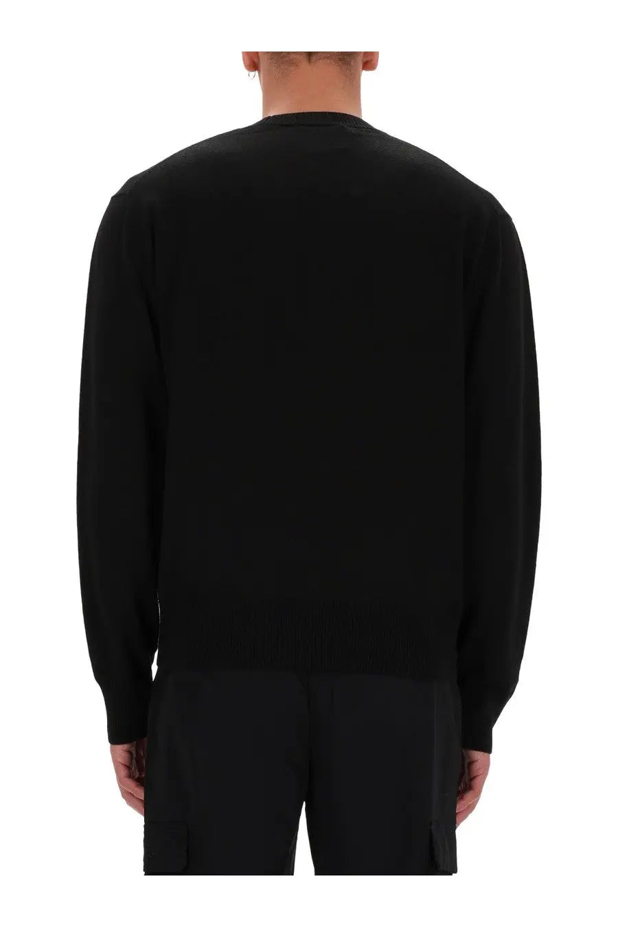 Versace Jeans Couture men’s black long-sleeved knit sweater with ribbed crew neckline and cuffs in jersey material