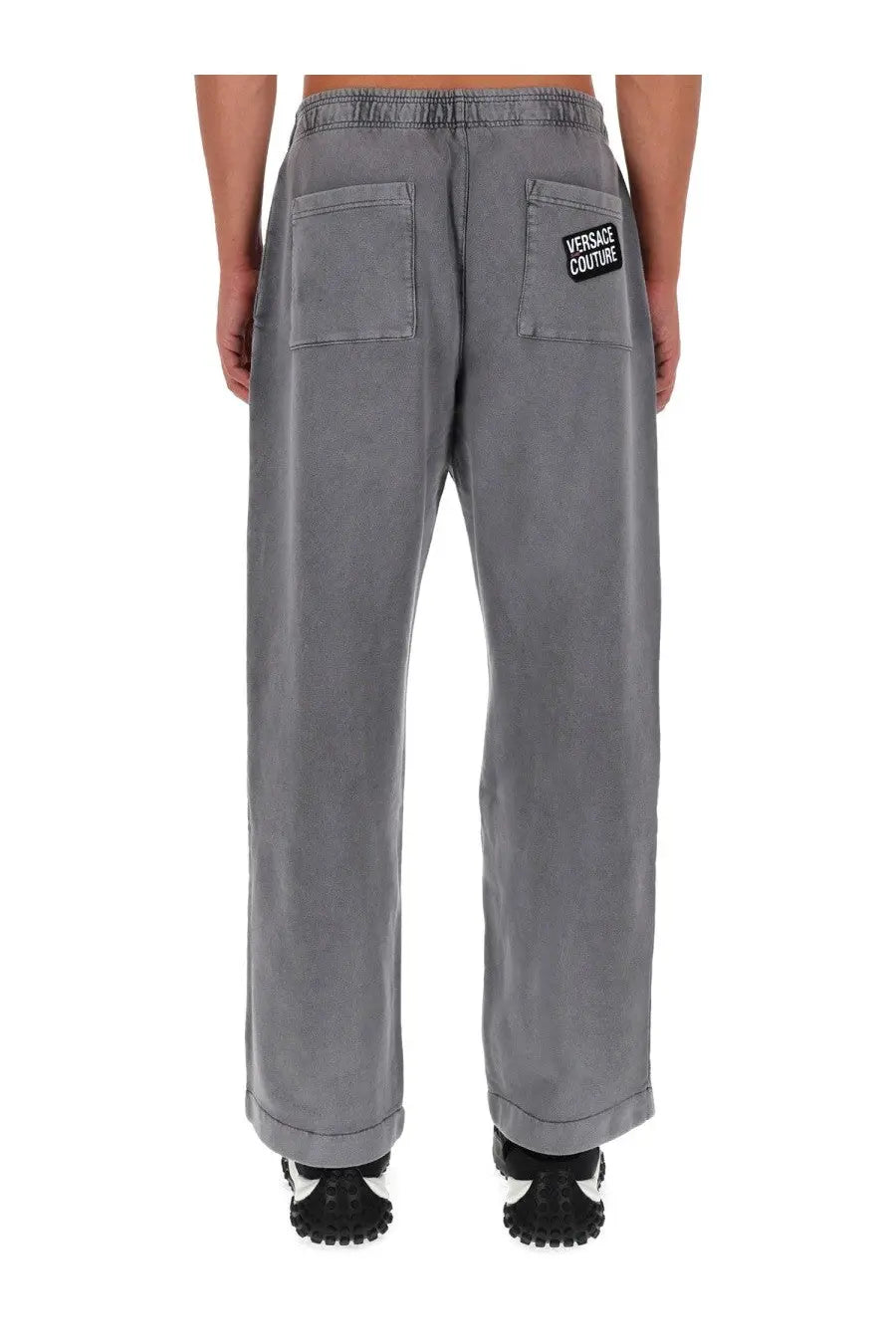 Versace jeans couture men’s jogger pants grey cotton with relaxed fit elastic waistband and back pockets logo patch