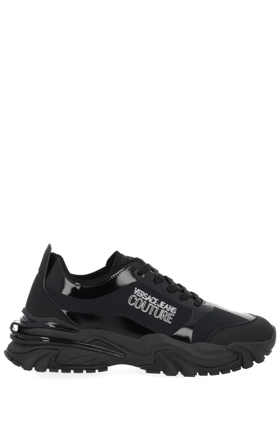Versace Jeans Couture men’s new trail sneaker in black with glossy patent leather accents and chunky rubber sole