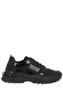 Versace Jeans Couture men’s new trail sneaker in black with glossy patent leather accents and chunky rubber sole