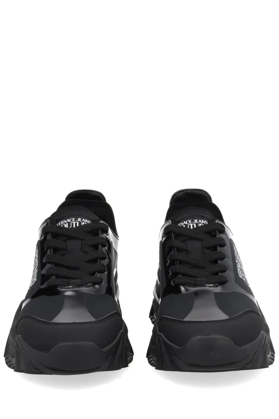 Versace Jeans Couture men’s new trail sneaker black with glossy patent leather accents and a chunky rubber sole