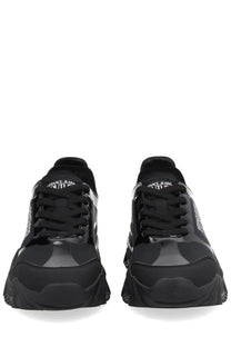 Versace Jeans Couture men’s new trail sneaker black with glossy patent leather accents and a chunky rubber sole