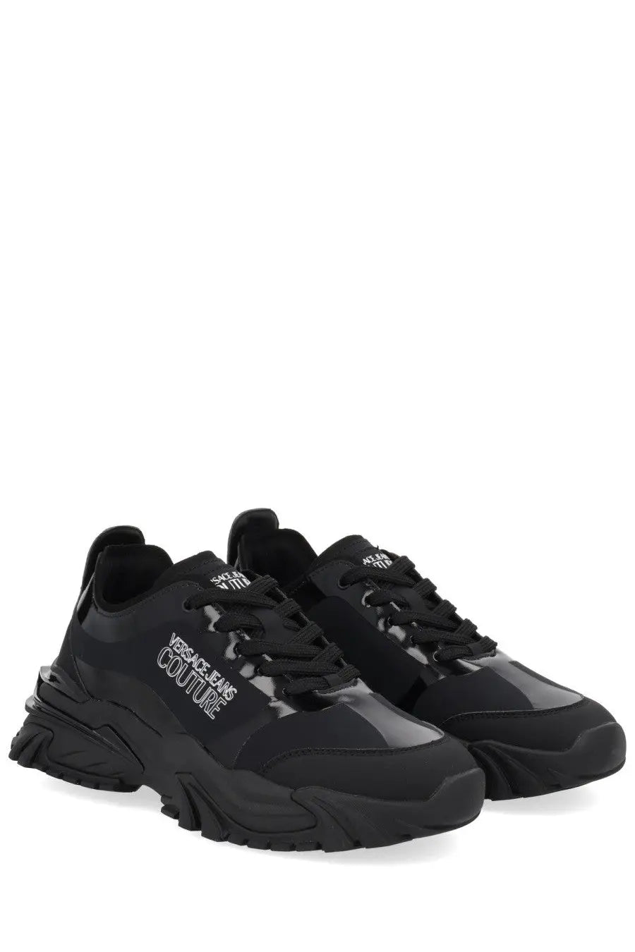 Versace Jeans Couture men’s new trail sneaker black with glossy patent leather accents and bold side branding