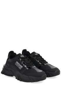 Versace Jeans Couture men’s new trail sneaker black with glossy patent leather accents and bold side branding