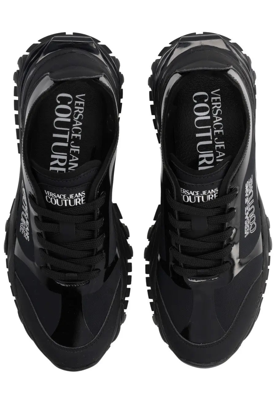 Versace Jeans Couture men’s black glossy sneakers with chunky rubber soles and reflective branding