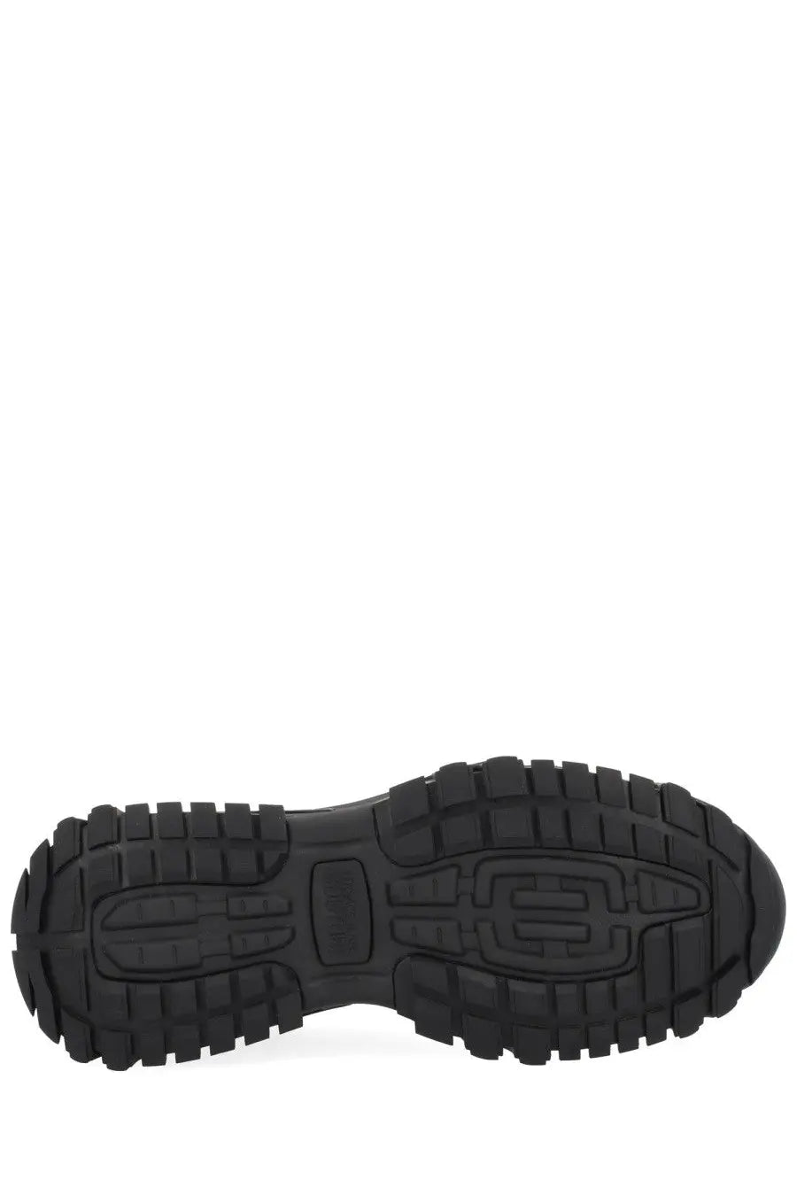 Black rubber sole with chunky textured tread and embossed logo on versace jeans couture men’s new trail sneaker black