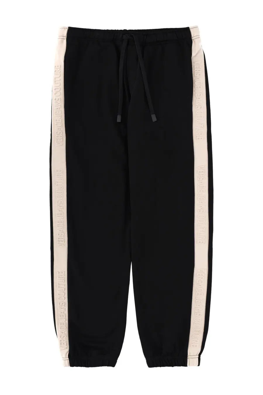 Versace Jeans Couture men’s black sweatpants with cream side stripes and embossed logo lettering