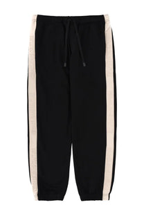 Versace Jeans Couture men’s black sweatpants with cream side stripes and embossed logo lettering