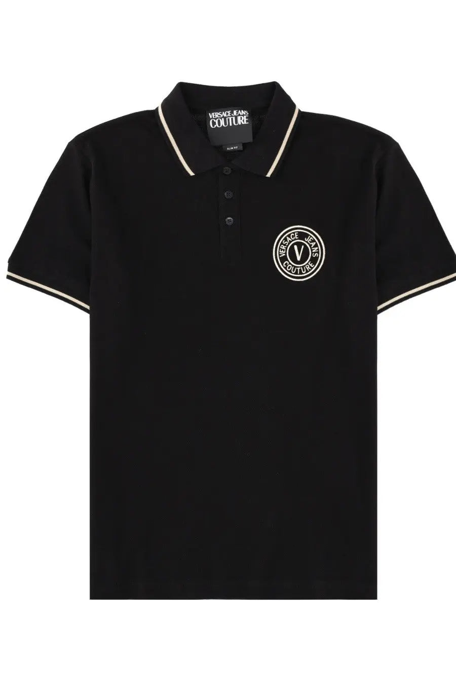 Versace Jeans Couture men’s black polo shirt with white trim and circular embroidered logo on the chest