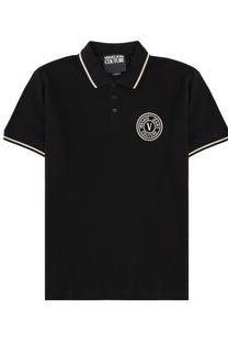 Versace Jeans Couture men’s black polo shirt with white trim and circular embroidered logo on the chest