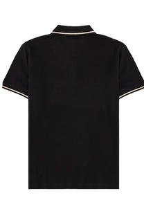 Versace Jeans Couture men’s black polo shirt with cream trim on collar and sleeve cuffs in short sleeve design