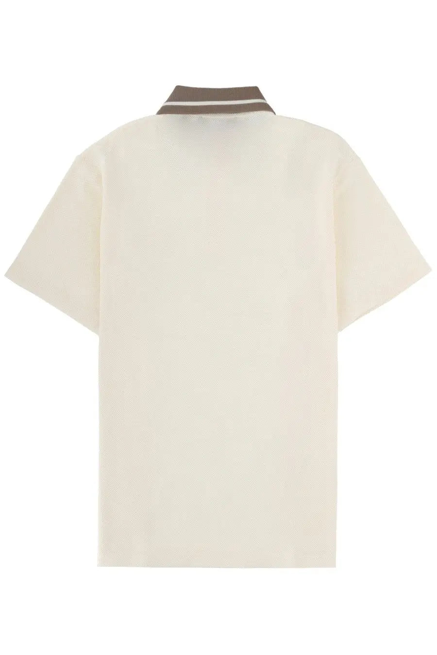 Cream-colored Versace Jeans Couture men’s polo shirt with short sleeves and brown and white striped collar