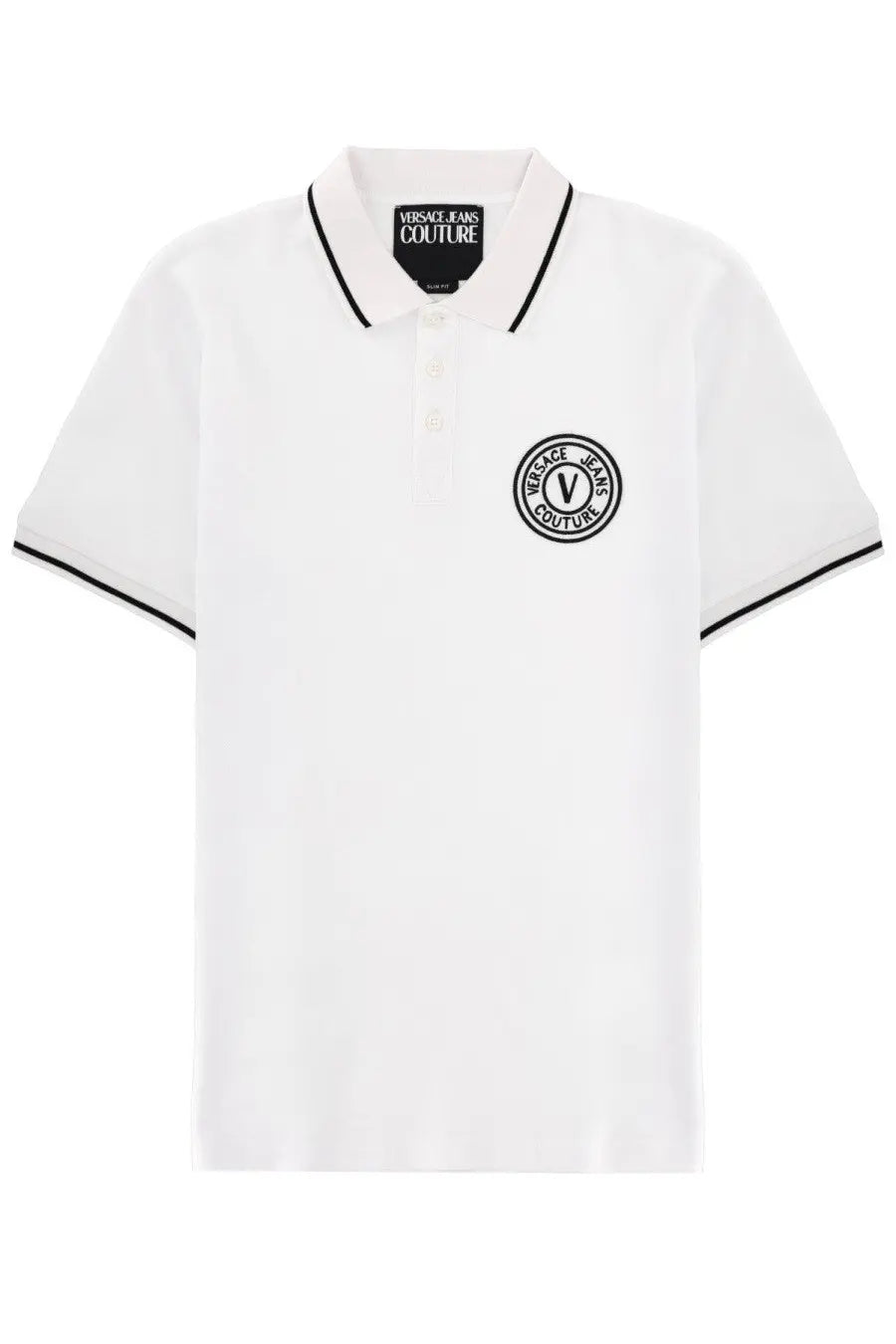 Versace Jeans Couture men’s white polo shirt with black trim and embroidered logo for casual wear