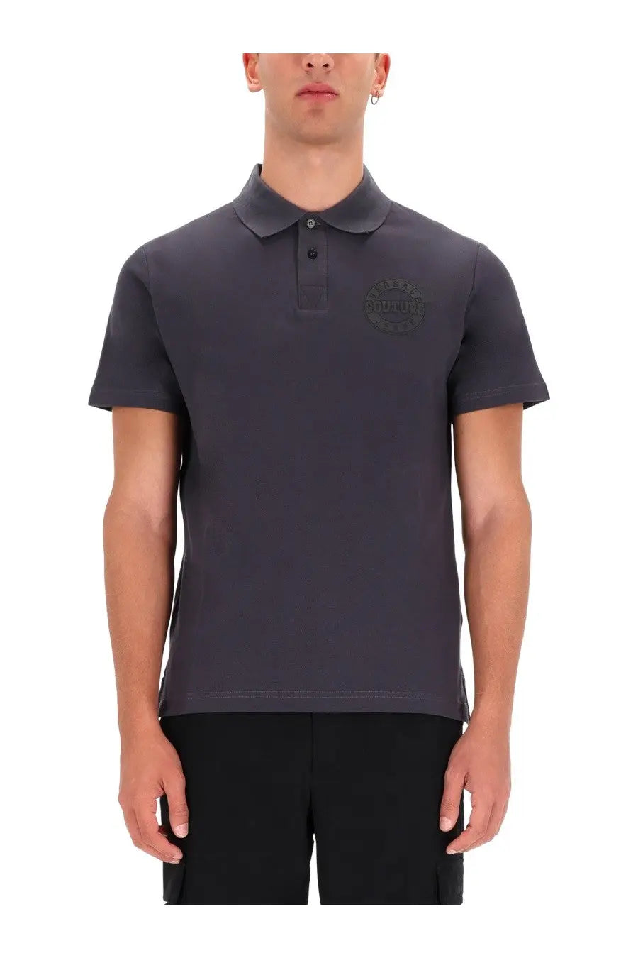 Versace jeans couture men’s dark gray polo shirt with subtle embroidered logo on chest in cotton blend material