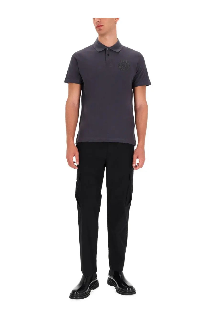 Versace Jeans Couture men’s dark gray short-sleeved polo shirt with subtle embroidered chest logo
