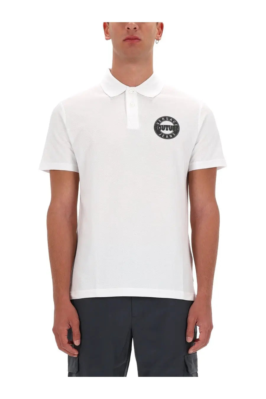 Versace Jeans Couture men’s white cotton polo shirt with black circular logo embroidered on the left chest